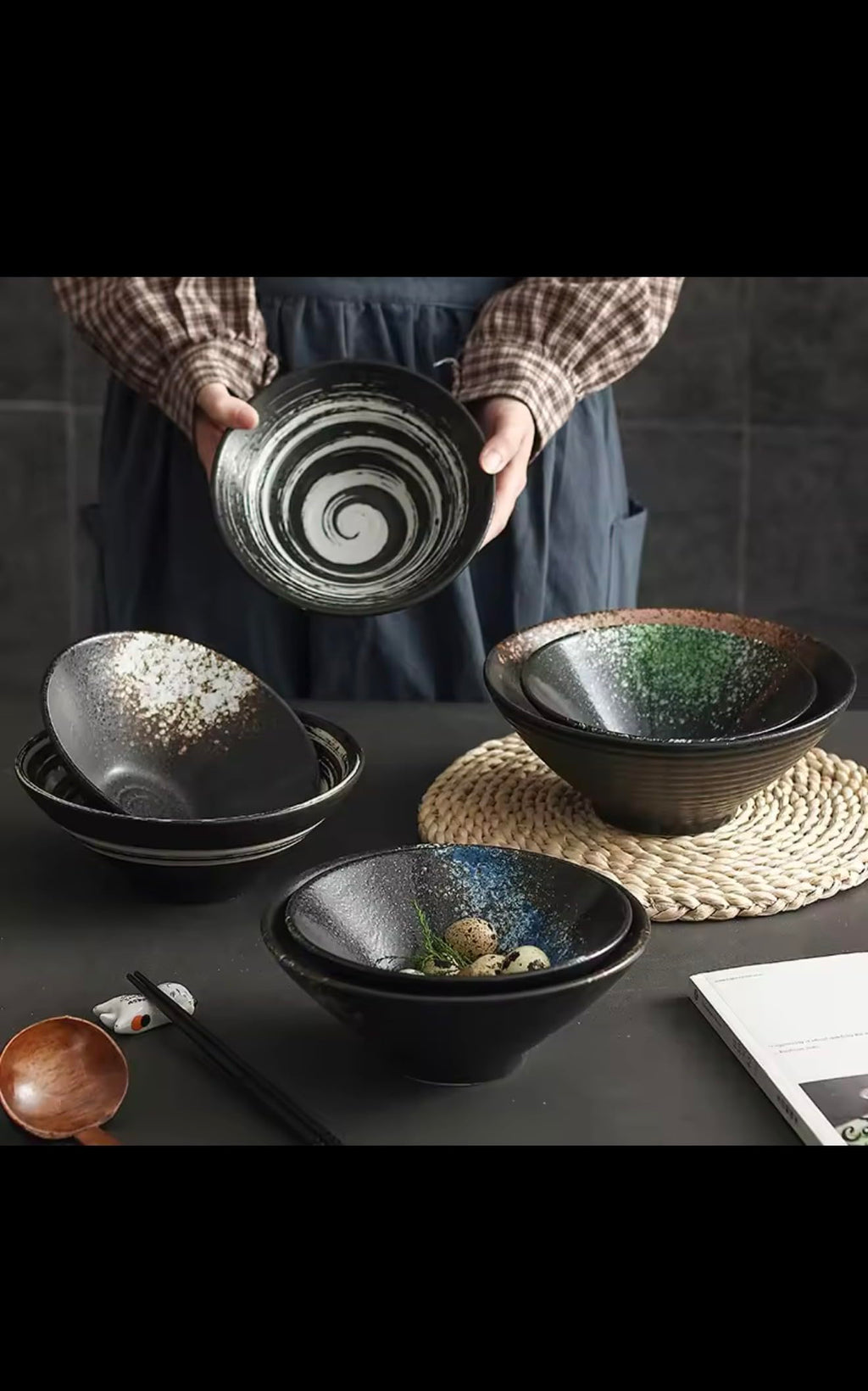 Japanese Style Ceramic Ramen Bowl, Black with Blue and Gold Glaze, Handcrafted Soup Noodle Bowl, Restaurant Quality Dinnerware