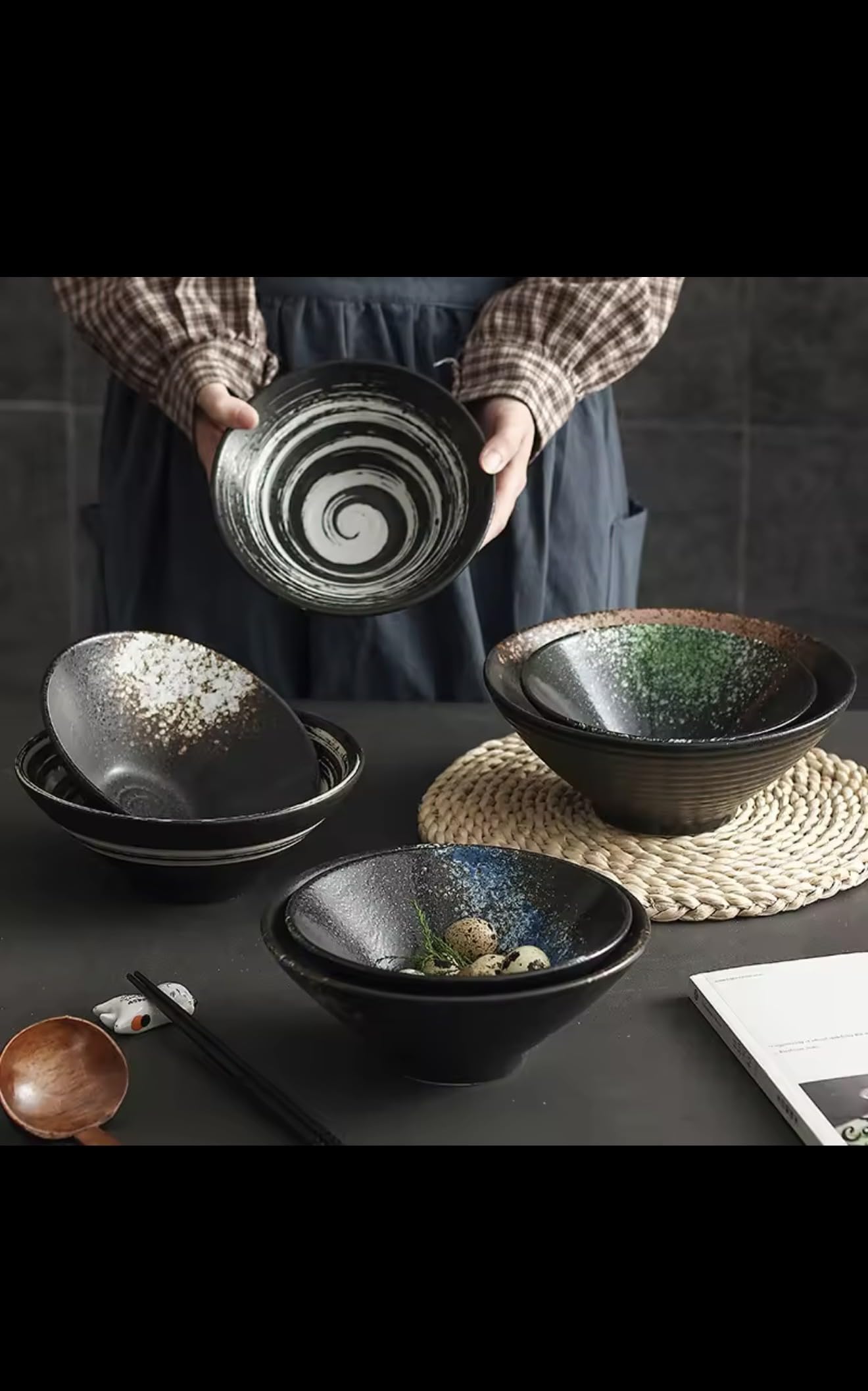Japanese Style Ceramic Ramen Bowl, Black with Blue and Gold Glaze, Handcrafted Soup Noodle Bowl, Restaurant Quality Dinnerware