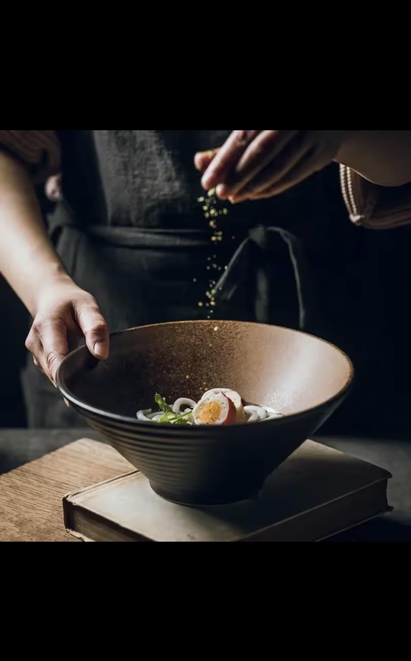 Japanese Style Ceramic Ramen Bowl, Black with Blue and Gold Glaze, Handcrafted Soup Noodle Bowl, Restaurant Quality Dinnerware