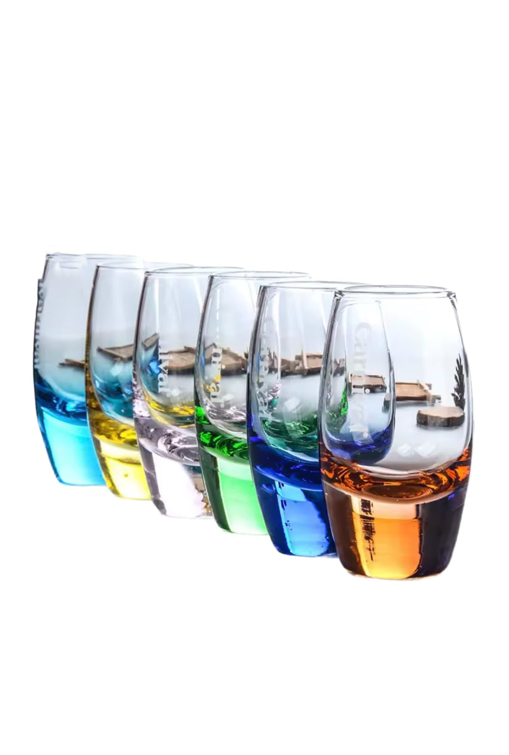 Elegant Rainbow Tequila Shot Glasses Set, Hand-Blown Crystal Glass, Multi-Colored Base, 6 Piece Collection