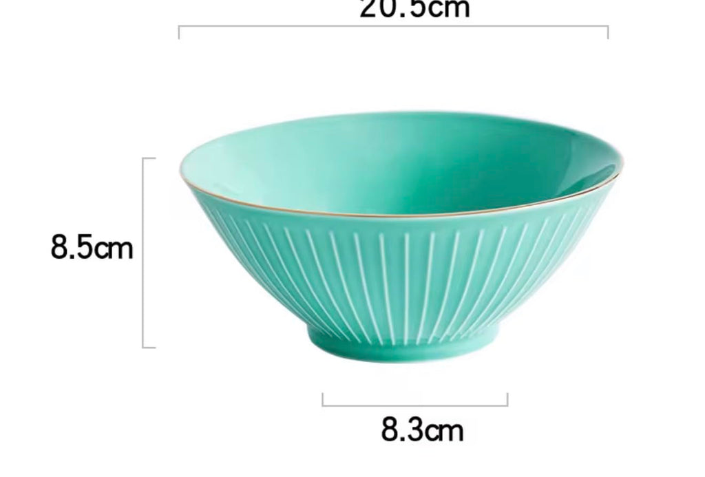 Japanese Ceramic Ramen Bowl with Gold Rim, 8-Inch, Vertical Line Design, Porcelain Dinner Bowl for Home Restaurant, Available in White Black Green