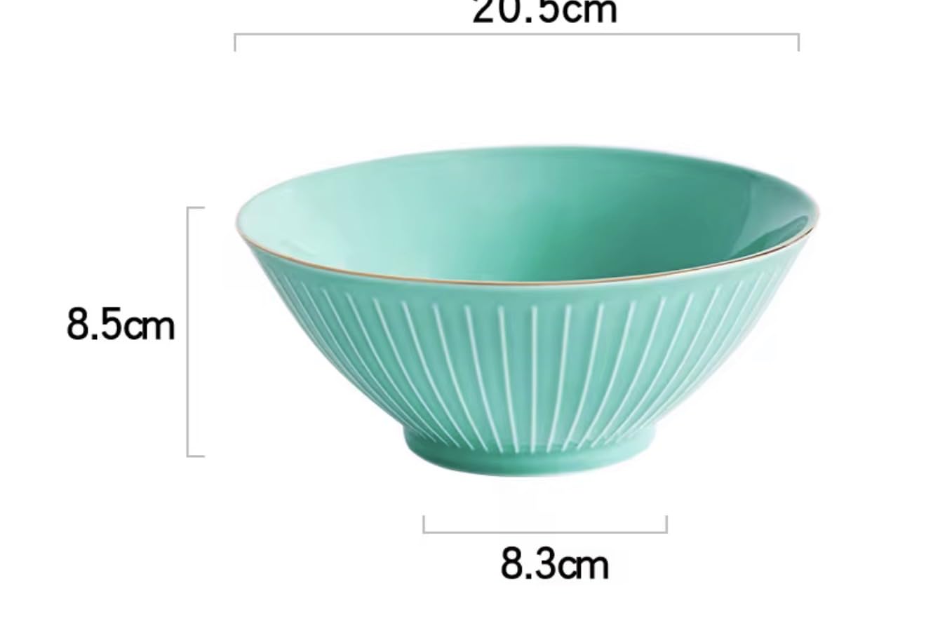 Japanese Ceramic Ramen Bowl with Gold Rim, 8-Inch, Vertical Line Design, Porcelain Dinner Bowl for Home Restaurant, Available in White Black Green