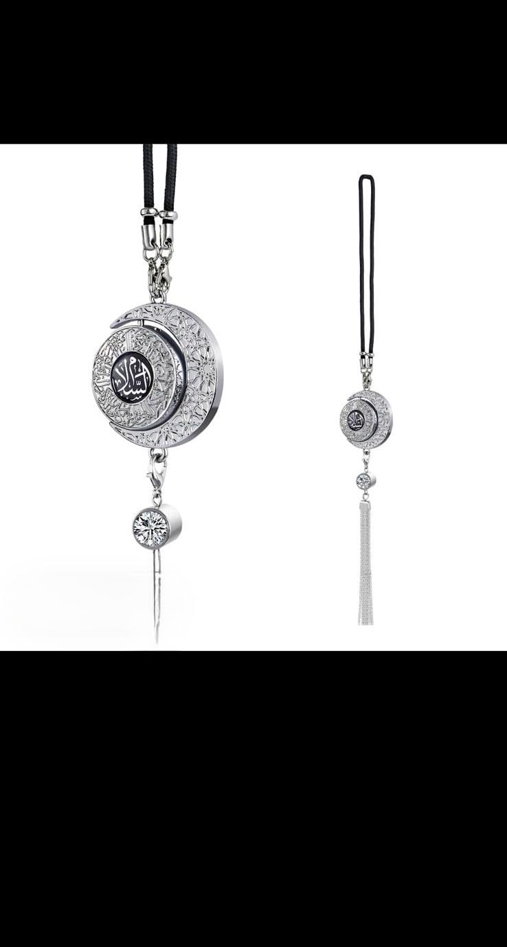 Islamic Crescent Moon Car Mirror Hanging Pendant, Silver Metal Ornament with Arabic Calligraphy, Crystal Accent and Tassel, Surah Al-Qalam Design