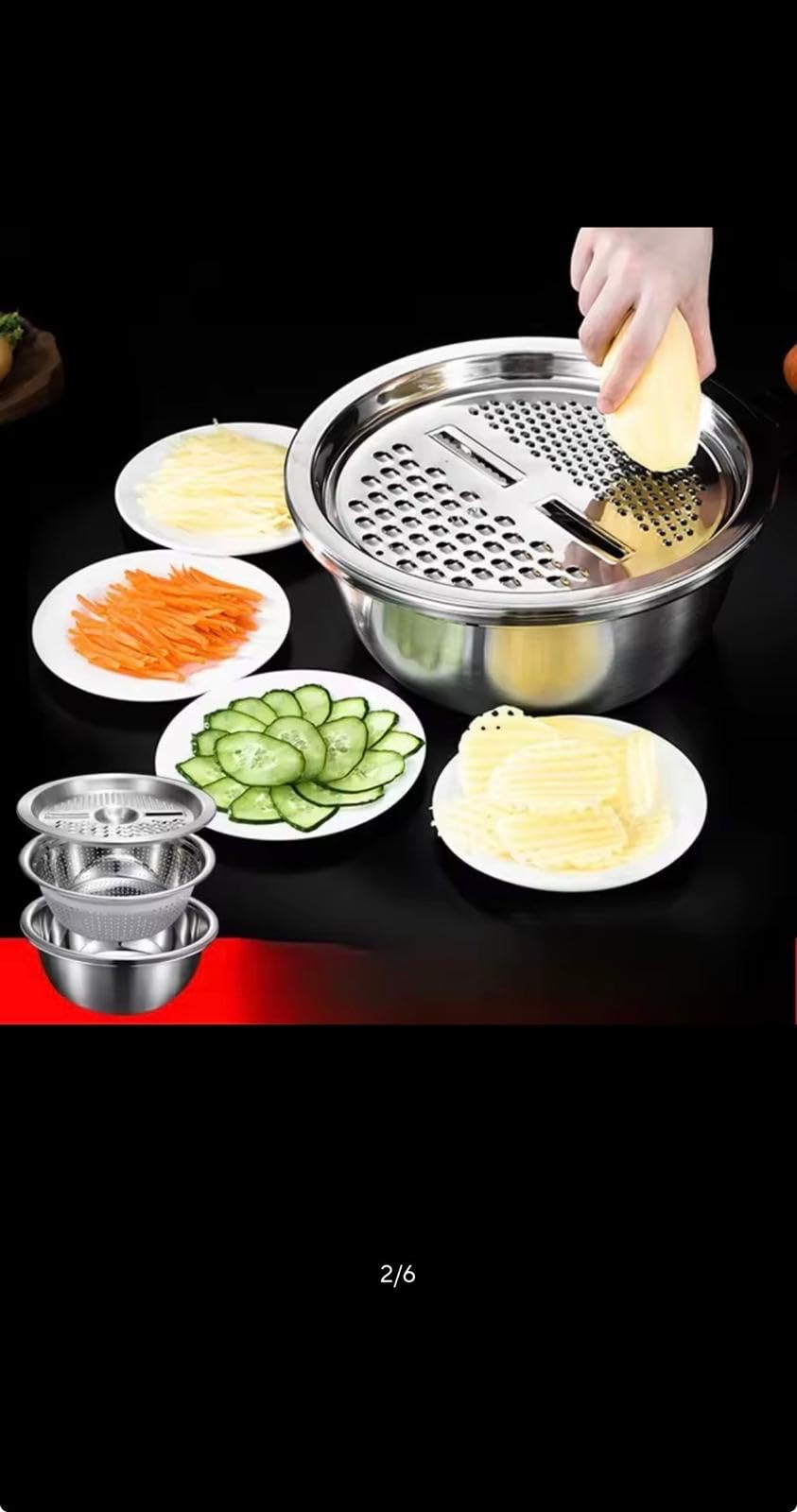 3-Piece Stainless Steel Multifunctional Vegetable Slicer with Drain Basket and Washing Basin Set