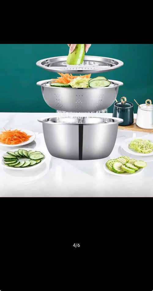 3-Piece Stainless Steel Multifunctional Vegetable Slicer with Drain Basket and Washing Basin Set