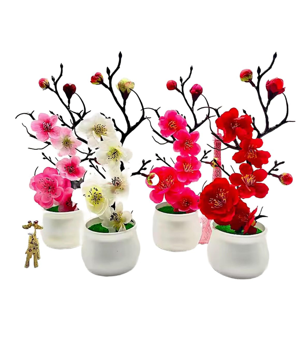 Artificial Cherry Blossom Bonsai Trees, Set of 4 White Ceramic Pots with Pink, Red and White Flowers, Decorative Mini Faux Plants for Home