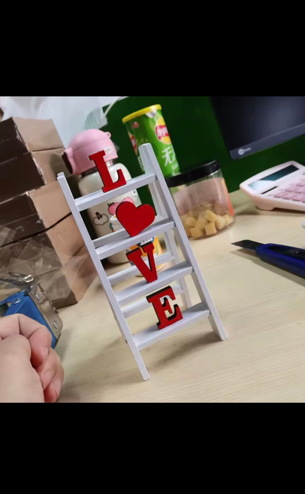 LOVE Ladder Shelf Decor, White and Red, Wooden Standing Sign, Heart Symbol, Romantic Home Accent