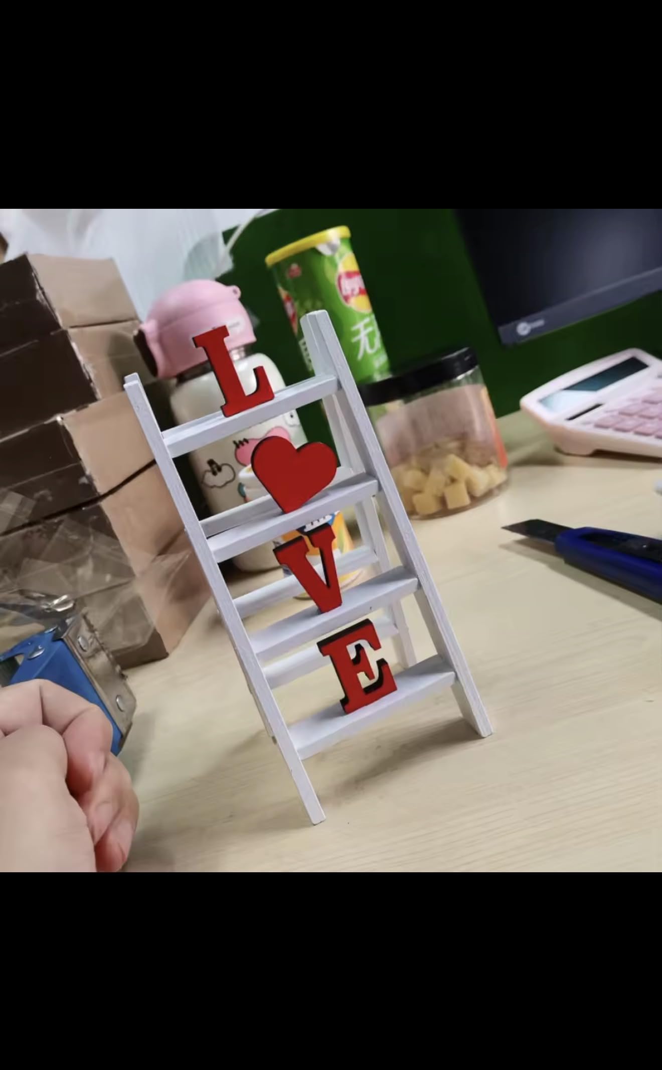 LOVE Ladder Shelf Decor, White and Red, Wooden Standing Sign, Heart Symbol, Romantic Home Accent