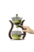 Lazy Kung Fu Premium Glass Tea Set, Semi-Automatic Drip Teapot with 6 Cups, Magnetic Switch, 310ml/400ml Capacity, Black Stand with Glass Infuser