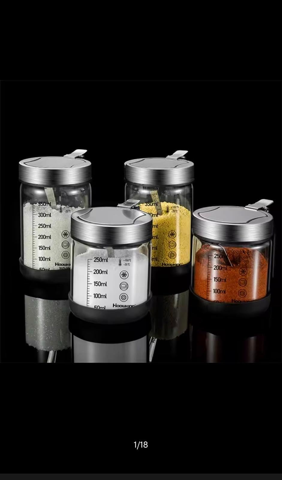 Haoukno Glass Seasoning Jar Set with Measurement Markings, Stainless Steel Flip Lid, Kitchen Spice Storage Containers with Handle, 250ml and 350ml
