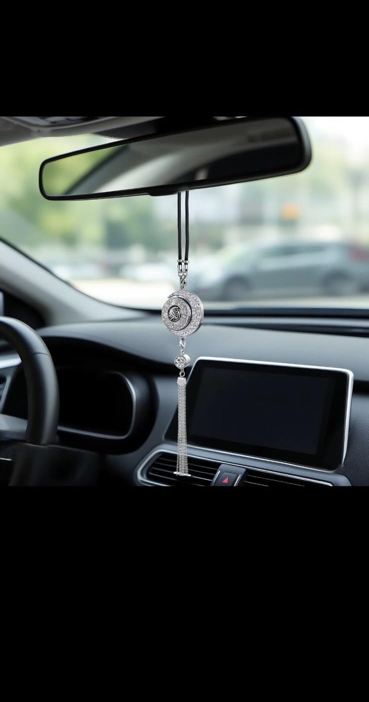 Islamic Crescent Moon Car Mirror Hanging Pendant, Silver Metal Ornament with Arabic Calligraphy, Crystal Accent and Tassel, Surah Al-Qalam Design