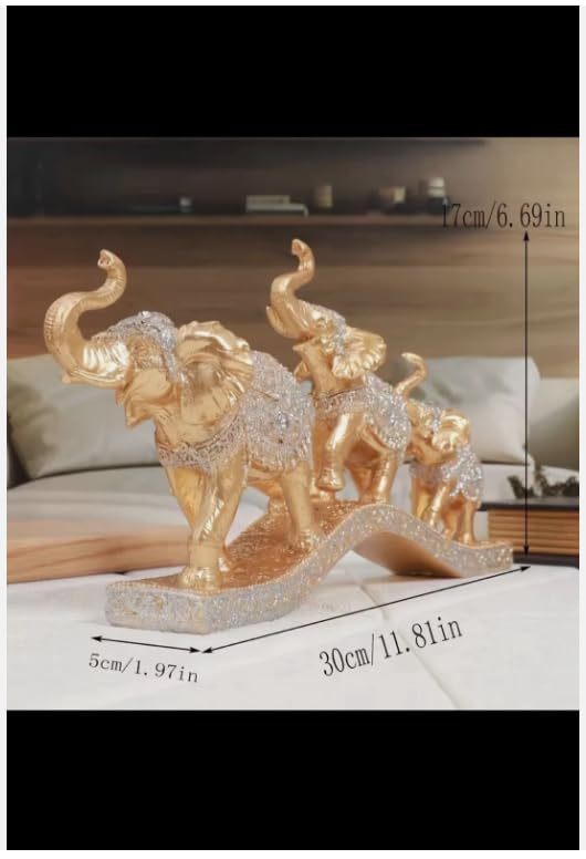 Decorative Elephant Family Figurine Set, Gold and Silver Glitter Resin Sculptures, Traditional Indian Style Home Decor Collection