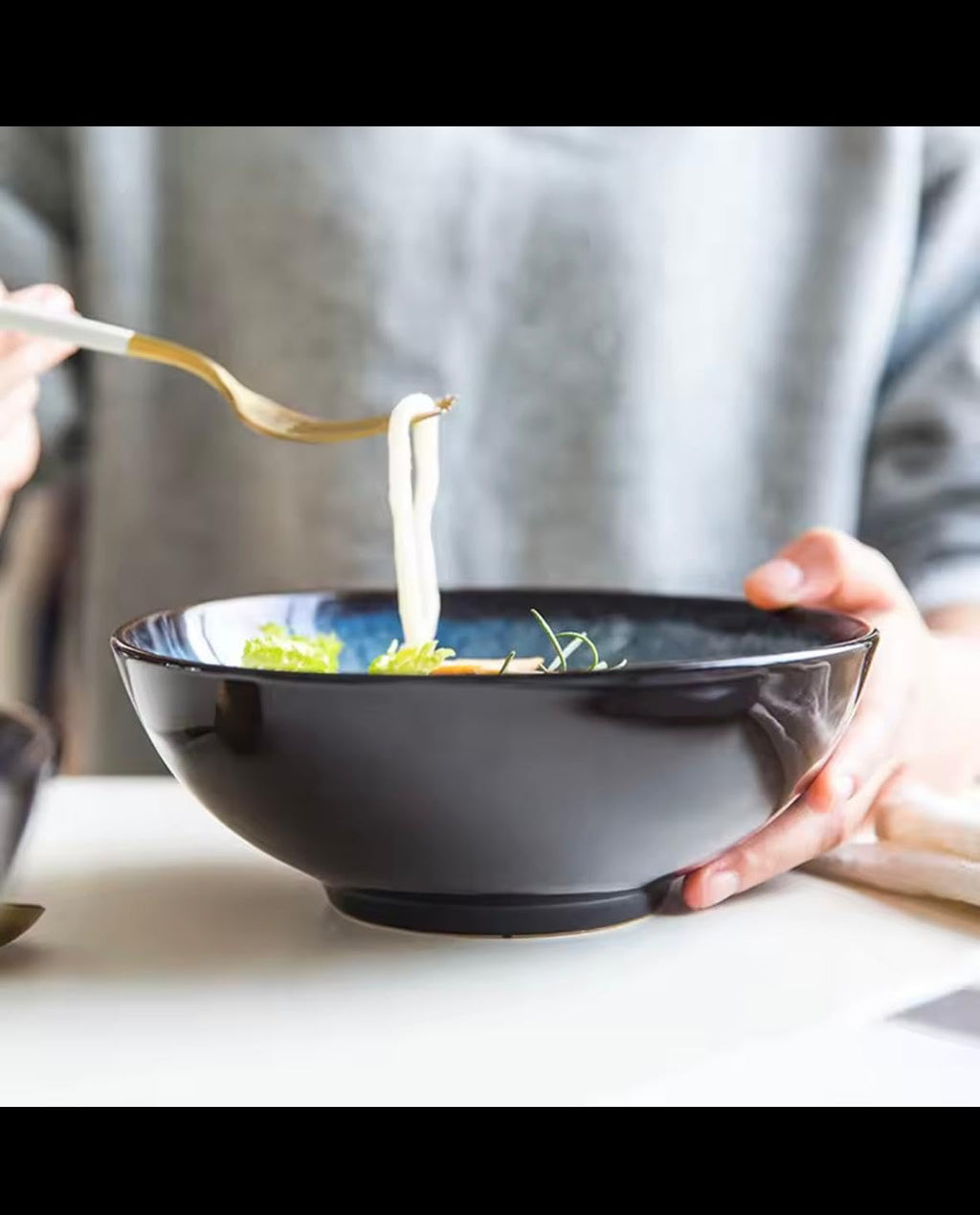 Japanese Ceramic Ramen Bowl, Blue Glazed Noodle Bowl, Traditional Asian Kitchen Tableware, Large Serving Bowl with Smooth Mellow Finish