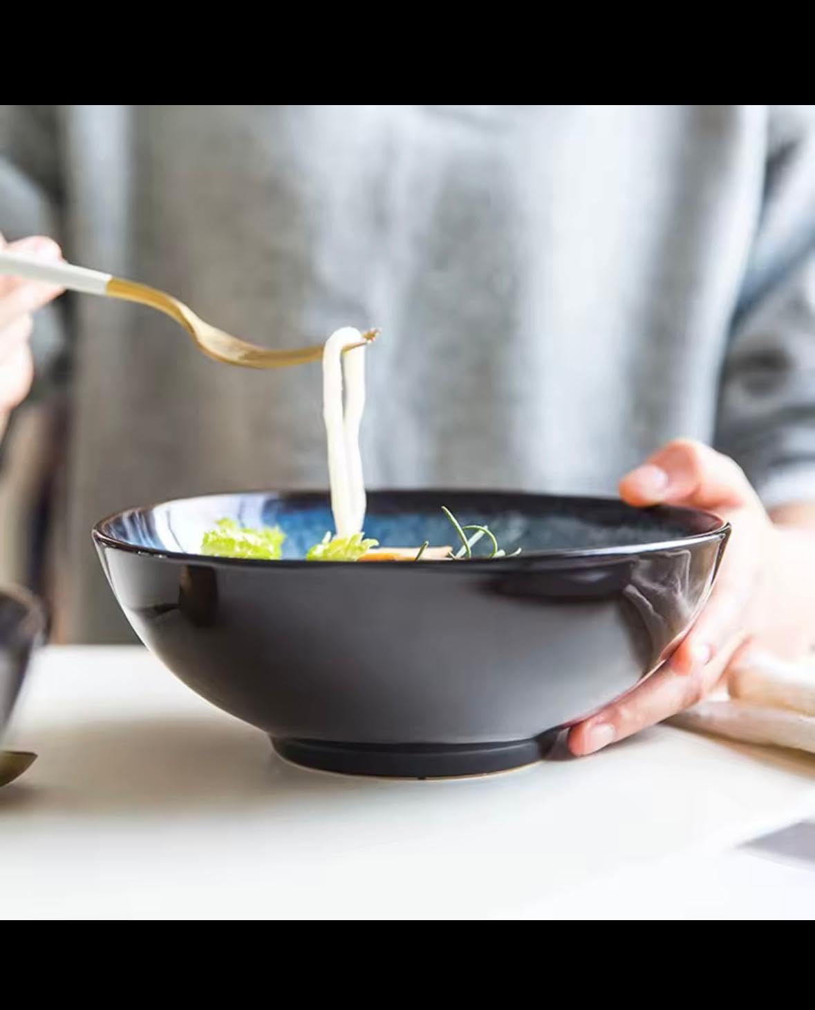 Japanese Ceramic Ramen Bowl, Blue Glazed Noodle Bowl, Traditional Asian Kitchen Tableware, Large Serving Bowl with Smooth Mellow Finish