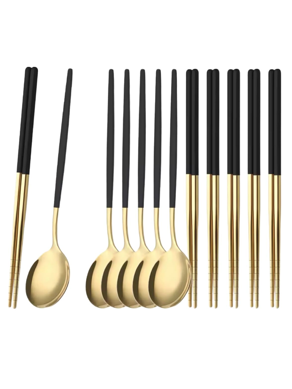 Black Gold Korean Cutlery Set, 12-Piece Stainless Steel Flatware with Chopsticks, Spoons, Forks, Modern Two-Tone Design, 20.8cm/21cm Length