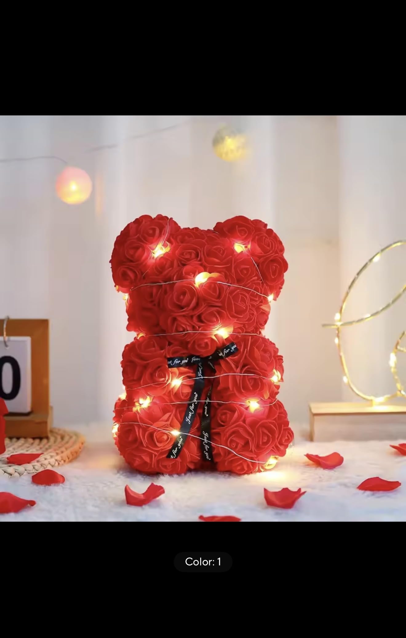38cm Artificial Rose Bear with LED Lights, Red, 25cm, Romantic Valentine's Day Gift with Box for Anniversary Wedding Party