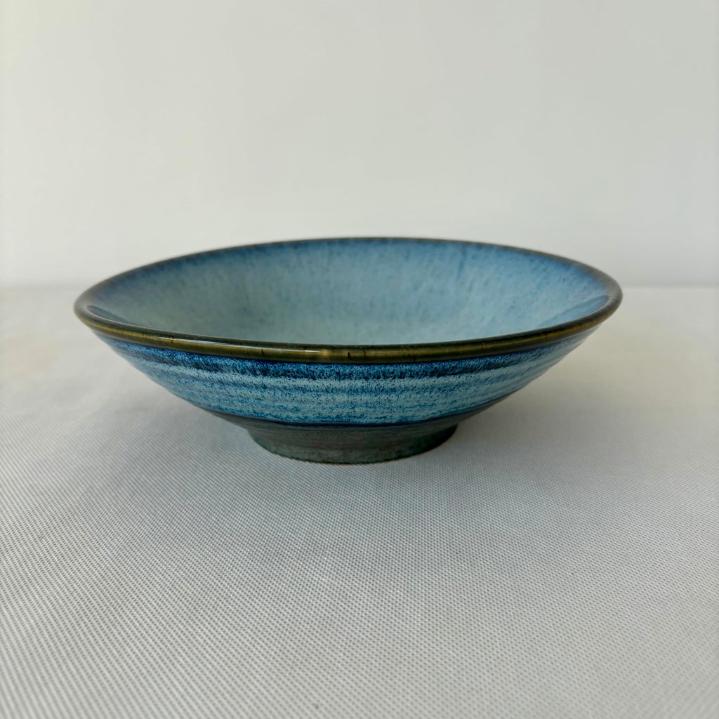 Japanese Korean Kiln-Turned Ceramic Ramen Bowl, Blue Gradient Glaze, Handcrafted Stoneware Noodle Soup Bowl Set
