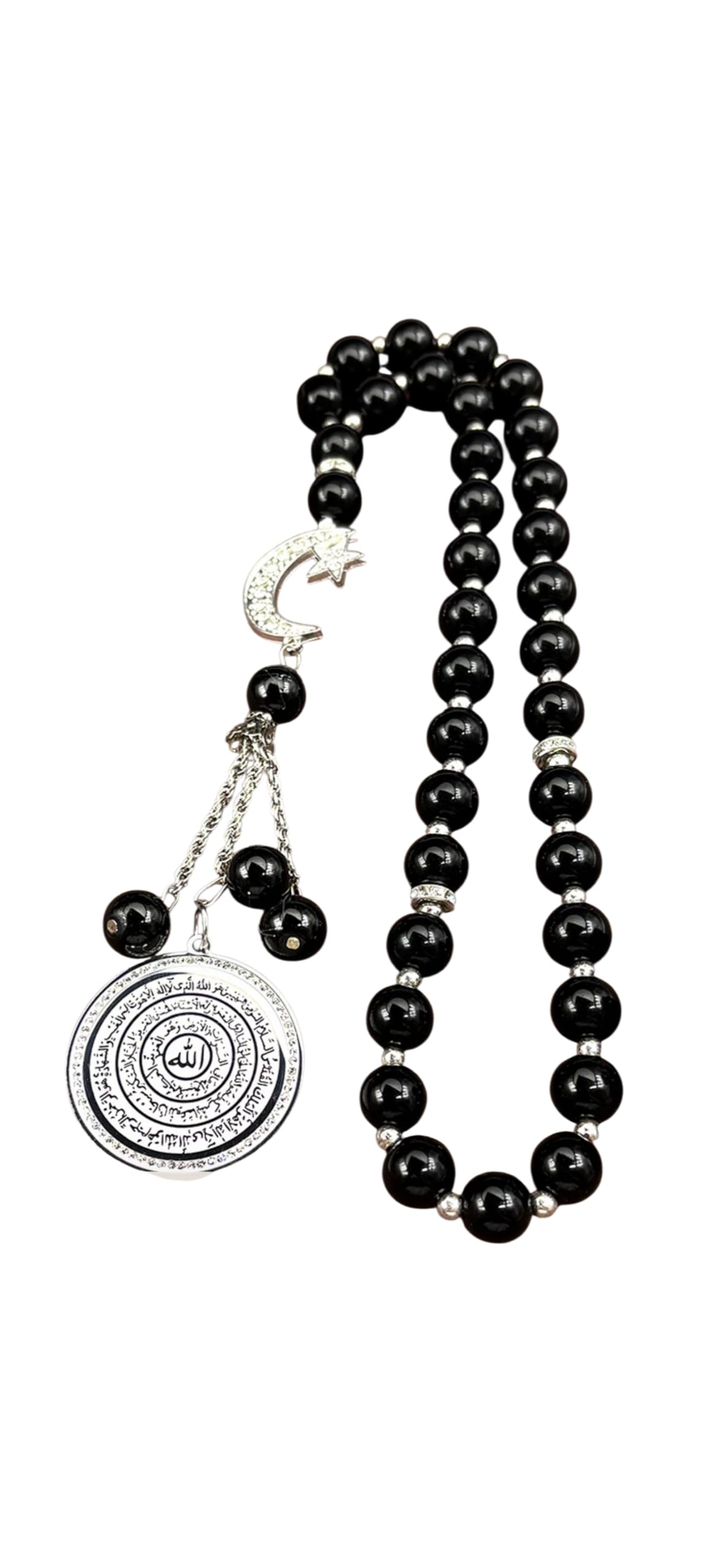 Islamic Prayer Beads, Gold-Plated Arabic Calligraphy Pendant Tasbih Misbaha with Rhinestones, Religious Prayer Rosary