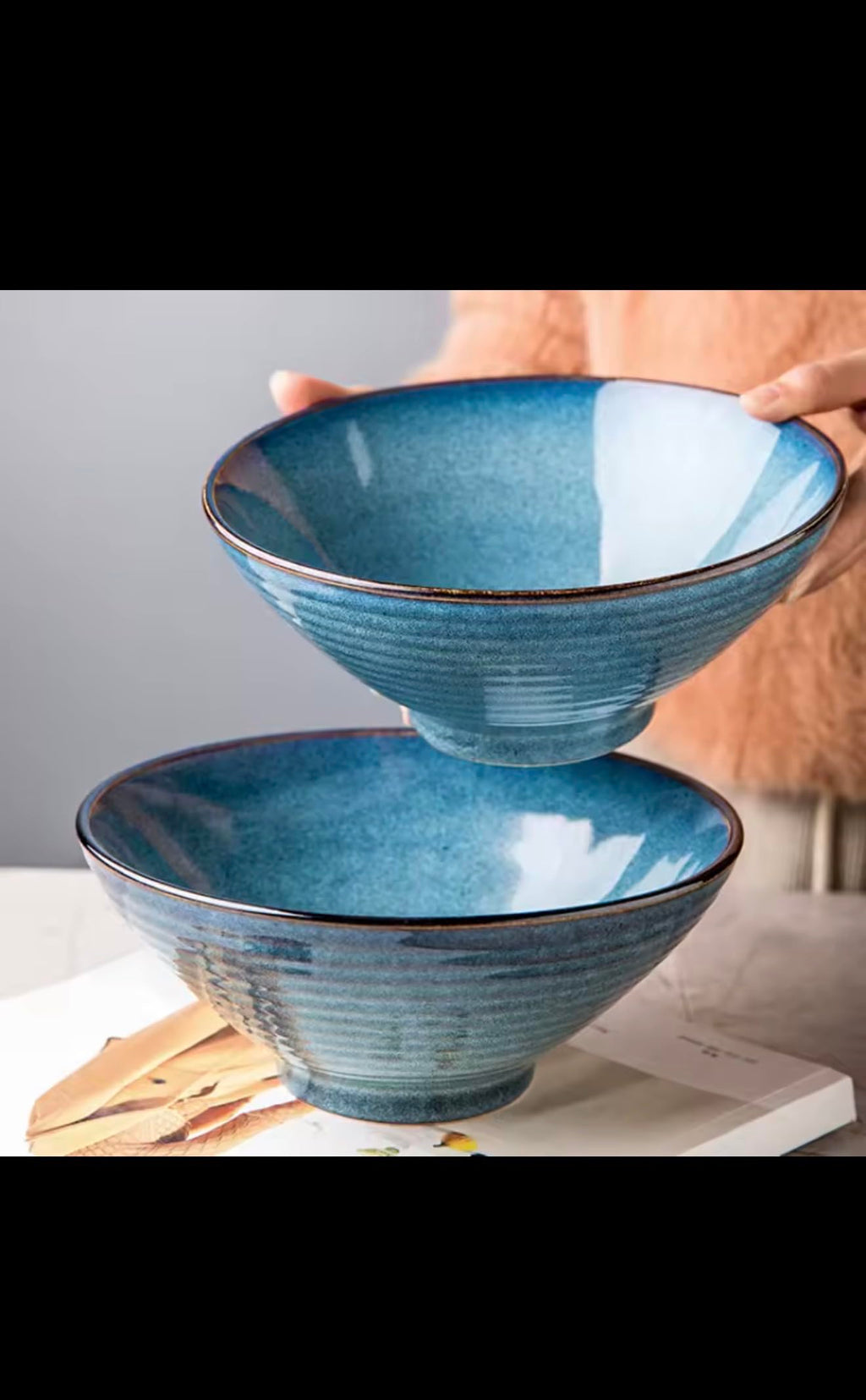 Creative Thread Ceramic Ramen Bowl, Blue Gradient, 8 Inch, Retro Bamboo Hat Style, Large Soup Bowl for Household and Commercial Use