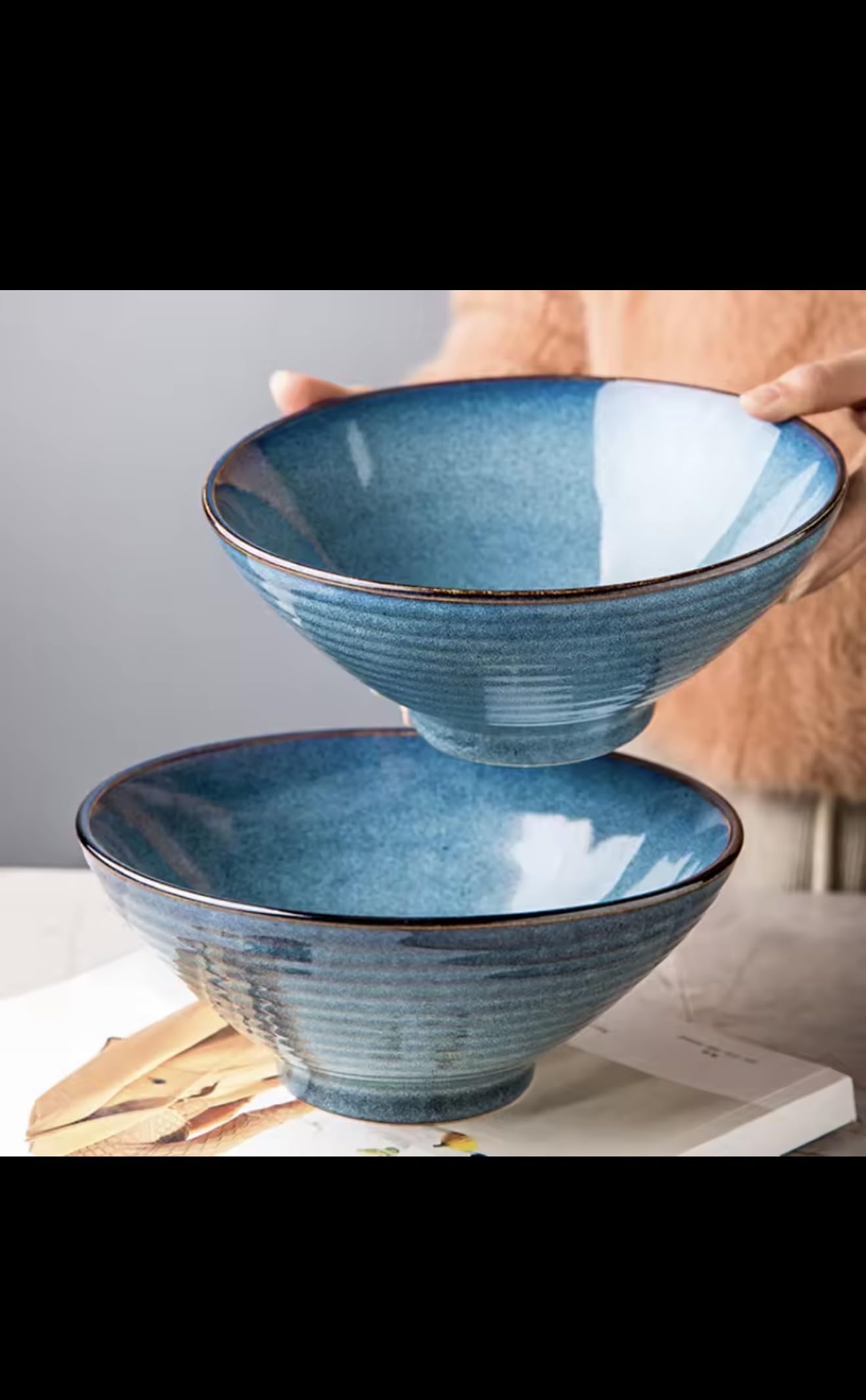 Creative Thread Ceramic Ramen Bowl, Blue Gradient, 8 Inch, Retro Bamboo Hat Style, Large Soup Bowl for Household and Commercial Use