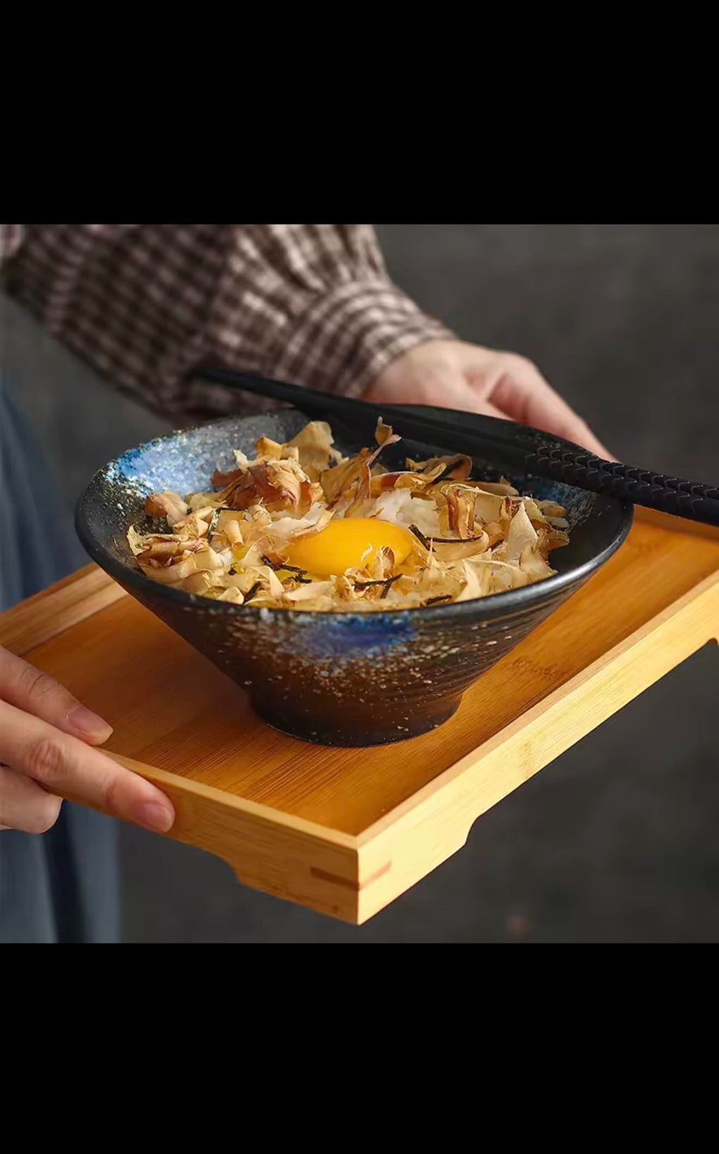 Japanese Style Ceramic Ramen Bowl, Black with Blue and Gold Glaze, Handcrafted Soup Noodle Bowl, Restaurant Quality Dinnerware
