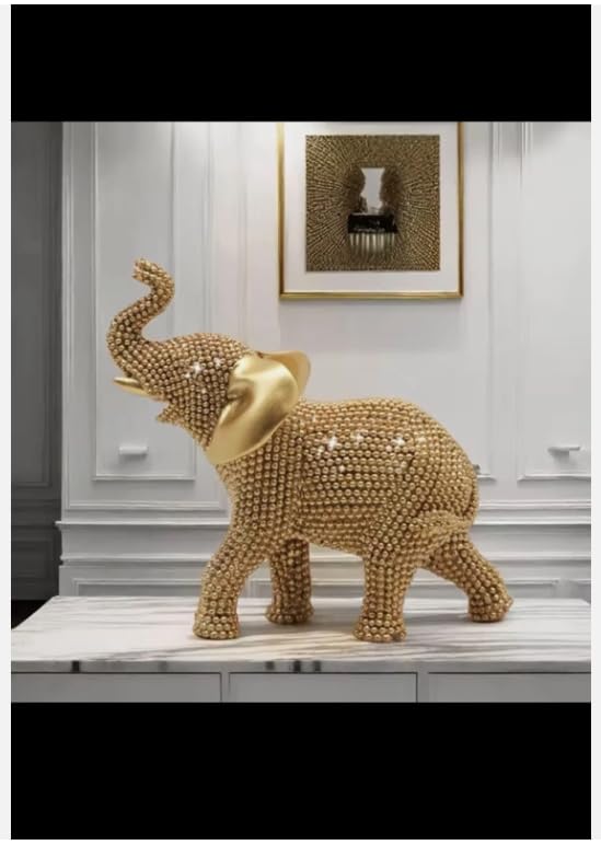 Decorative Gold Beaded Elephant Figurine, Ornamental Good Luck Statue, Metallic Finish, Traditional Style Home Decor