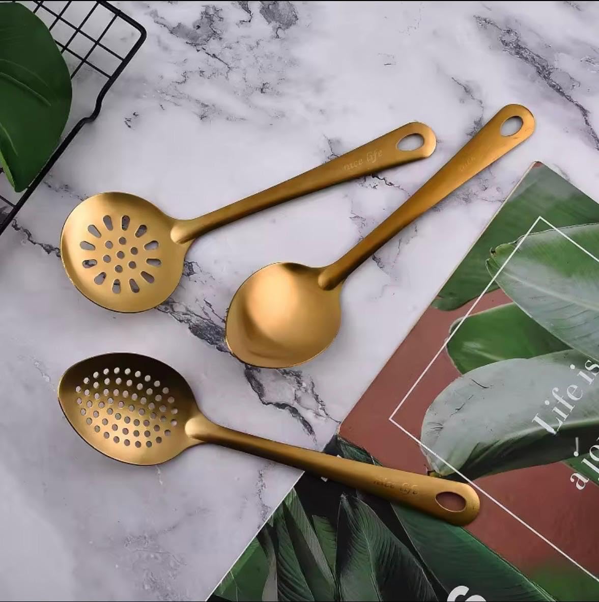 6pcs Stainless Steel Dinnerware Set Home Creative Korean Cutlery Golden Spoon Korean-Style Hot Pot Cutlery Set Kitchenware Set