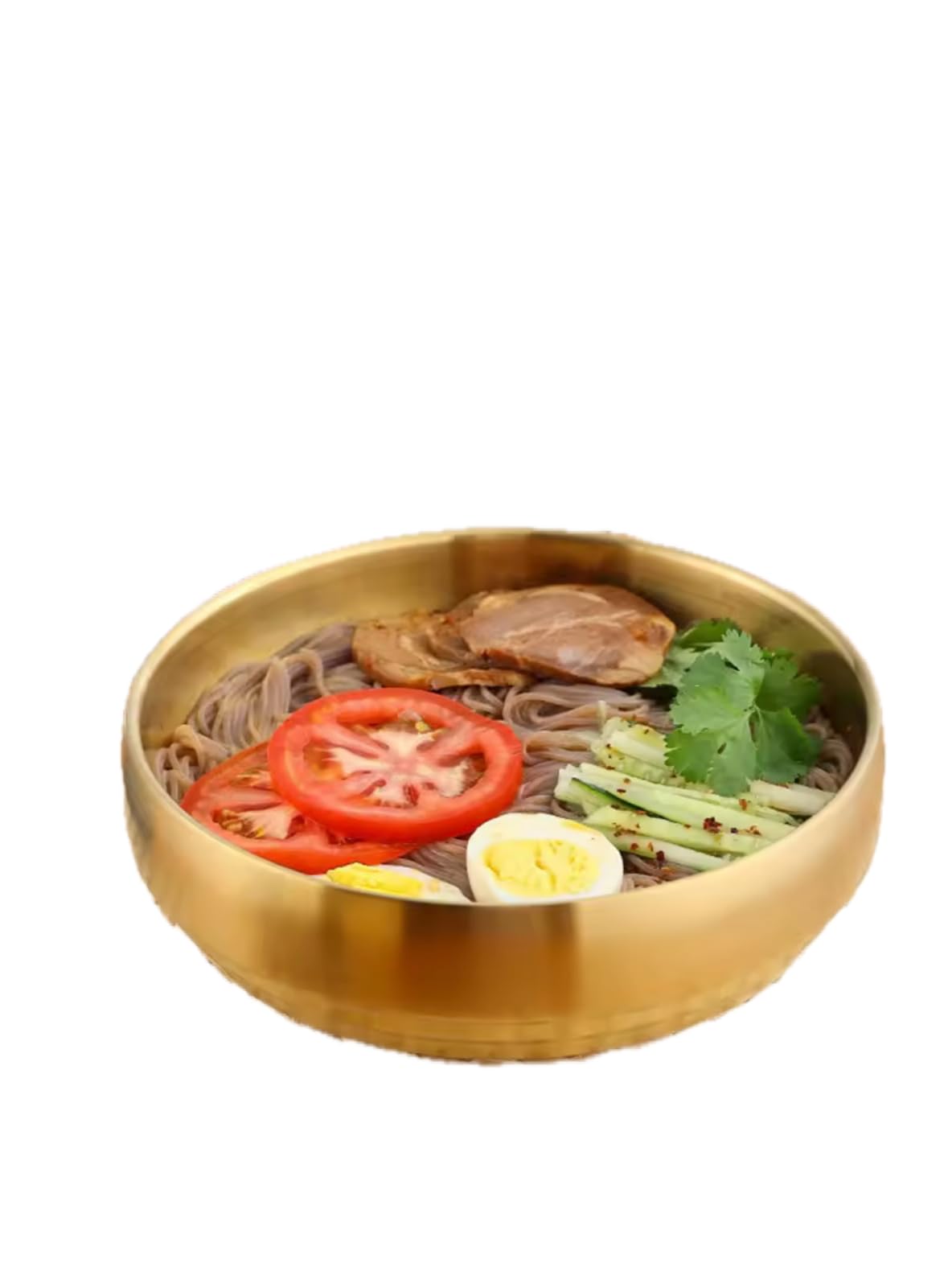 Korean Style Stainless Steel Double Layer Cold Noodle Bowl, Gold Finish, Round Serving Bowl for Traditional Asian Cuisine