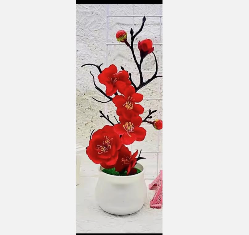 Artificial Cherry Blossom Bonsai Trees, Set of 4 White Ceramic Pots with Pink, Red and White Flowers, Decorative Mini Faux Plants for Home