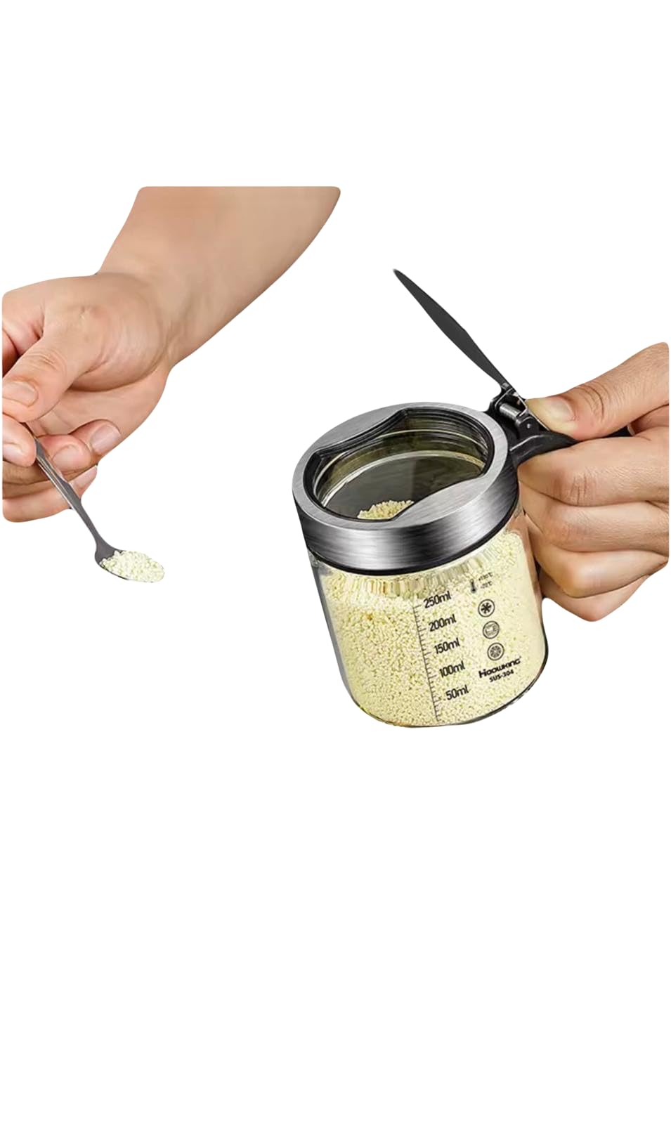 Haoukno Glass Seasoning Jar Set with Measurement Markings, Stainless Steel Flip Lid, Kitchen Spice Storage Containers with Handle, 250ml and 350ml