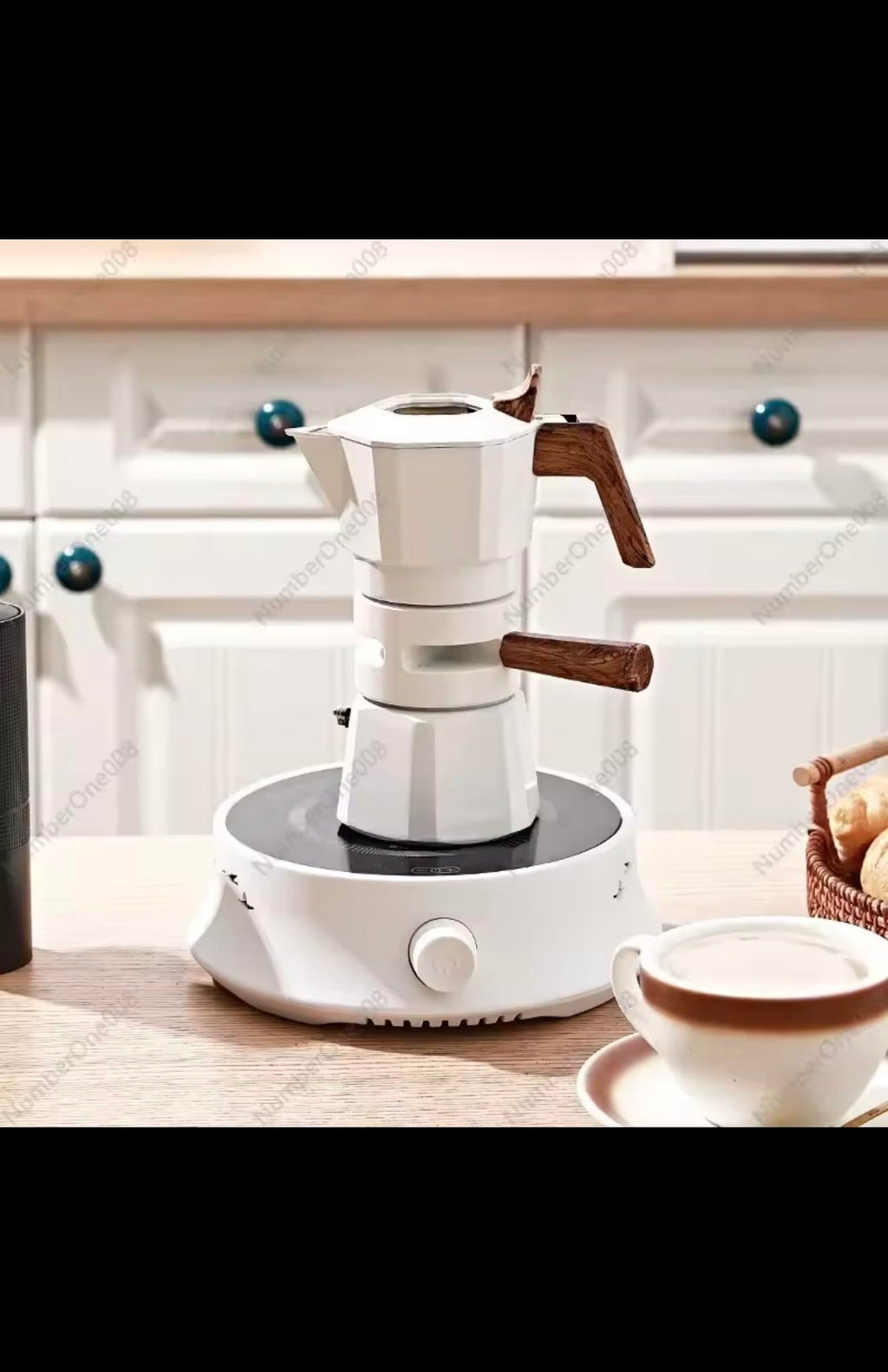 Dual Valve Temperature Control Stovetop Espresso Maker with Wood Handle, Electric Coffee Machine for Home Office Camping, 2 Cup and 4 Cup Capacity