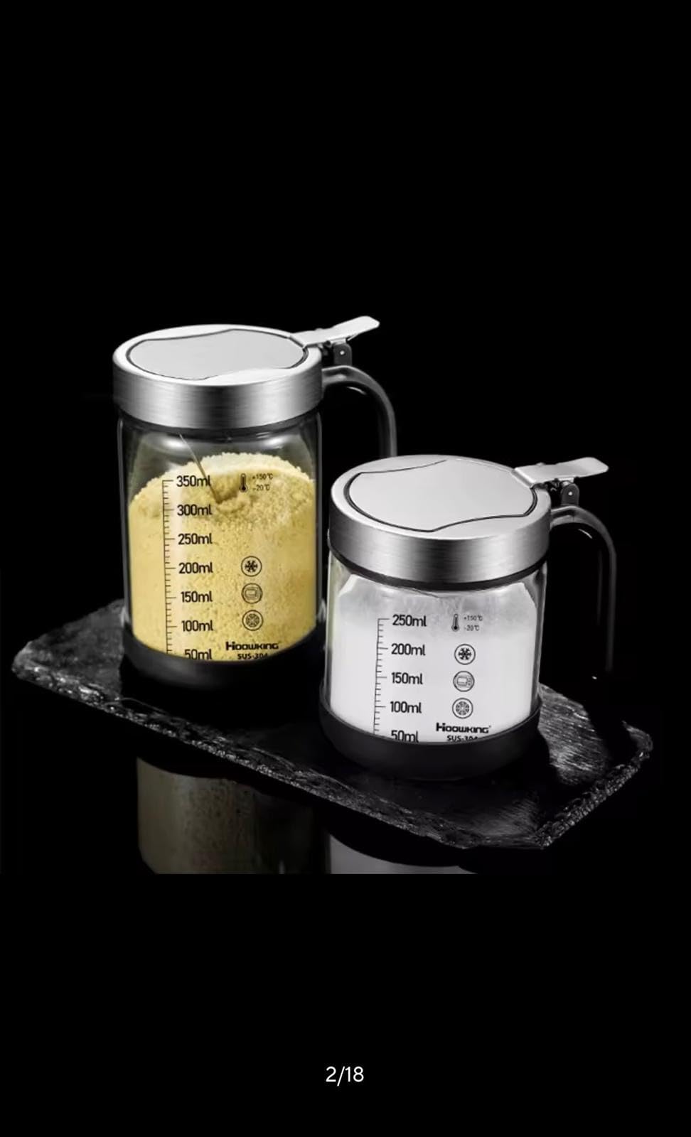 Haoukno Glass Seasoning Jar Set with Measurement Markings, Stainless Steel Flip Lid, Kitchen Spice Storage Containers with Handle, 250ml and 350ml