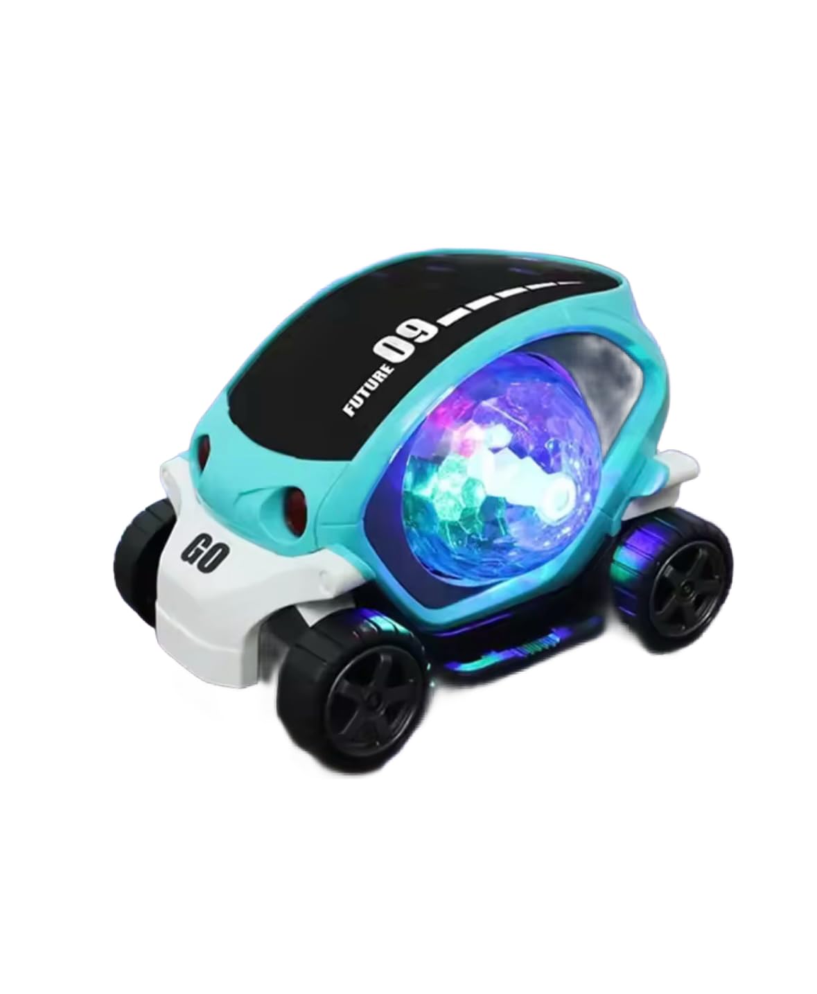 Electronic Sensory Car Toy with LED Lights, 360-Degree Rotating Wheels, Musical Sounds, Battery Powered Vehicle for Toddlers and Crawling Babies, Turquoise and White