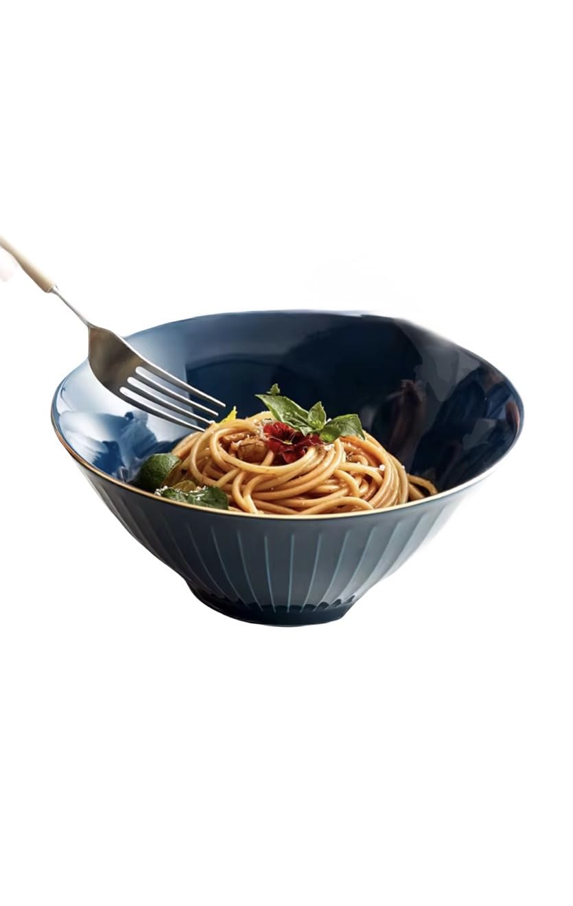 Japanese Ceramic Ramen Bowl with Gold Rim, 8-Inch, Vertical Line Design, Porcelain Dinner Bowl for Home Restaurant, Available in White Black Green