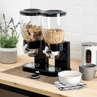 Dual Control Dry Food Cereal Dispenser, Storage Container, Round, 2L, Black and White