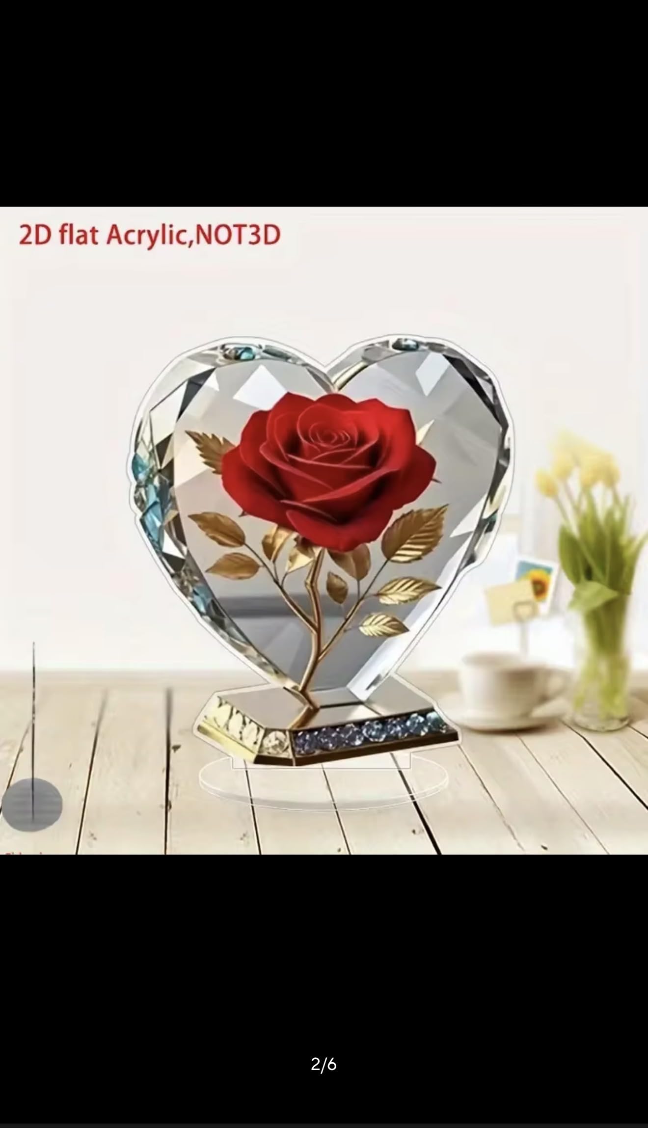 Acrylic Heart Shaped Sculpture Ornament with Red Rose and Gold Accents, 15cm Desktop Decor, 2D Flat Design, Scratch Resistant