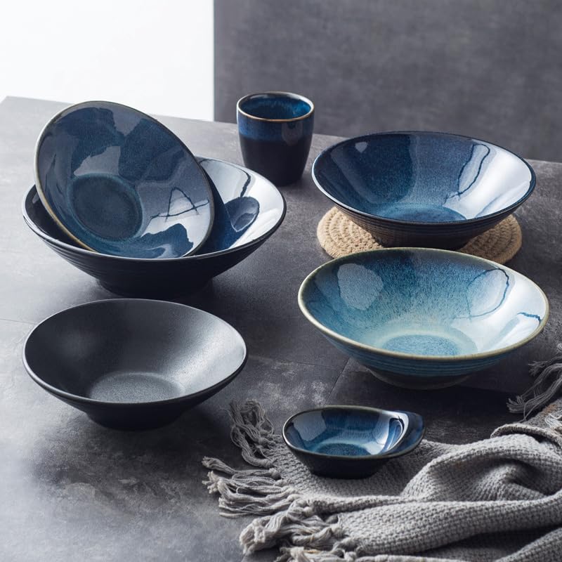 Japanese Korean Kiln-Turned Ceramic Ramen Bowl, Blue Gradient Glaze, Handcrafted Stoneware Noodle Soup Bowl Set