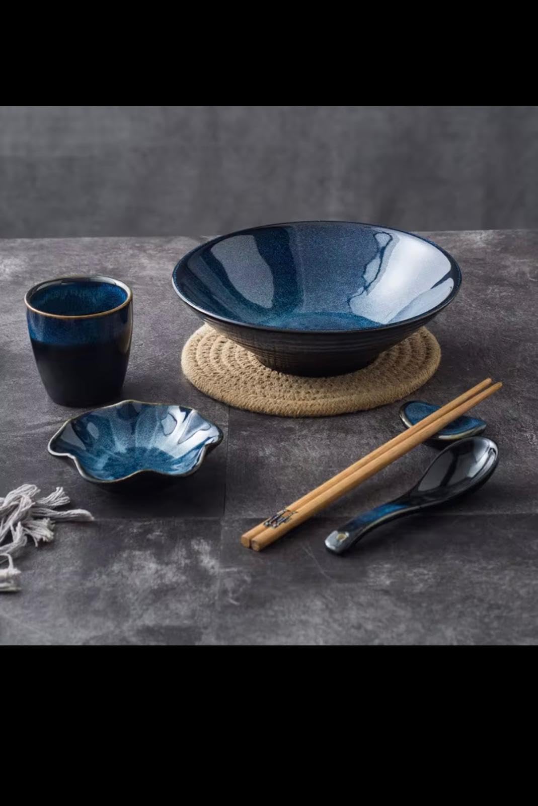 Japanese Korean Kiln-Turned Ceramic Ramen Bowl, Blue Gradient Glaze, Handcrafted Stoneware Noodle Soup Bowl Set