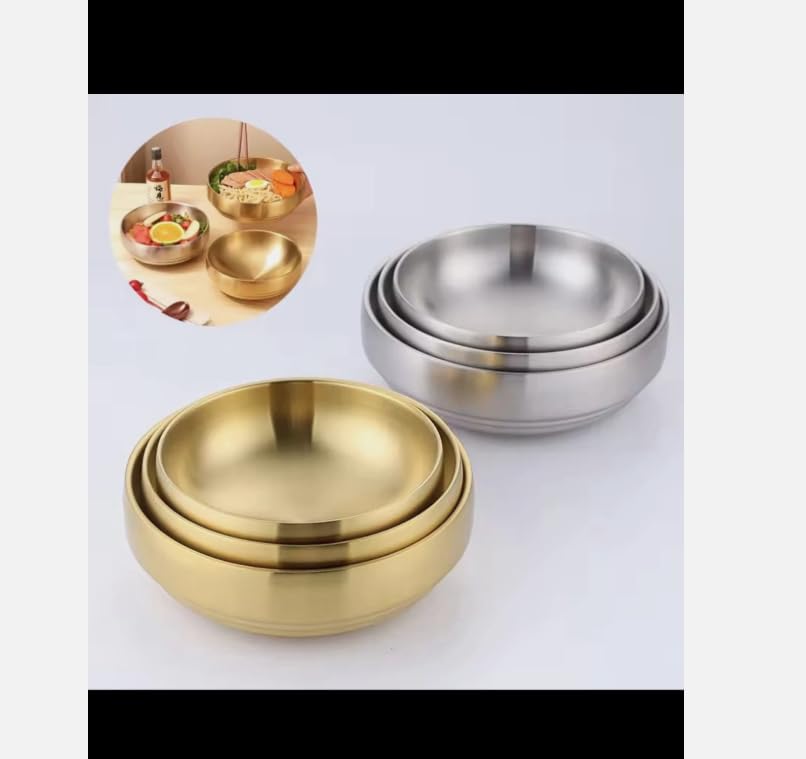 Korean Style Stainless Steel Double Layer Cold Noodle Bowl, Gold Finish, Round Serving Bowl for Traditional Asian Cuisine