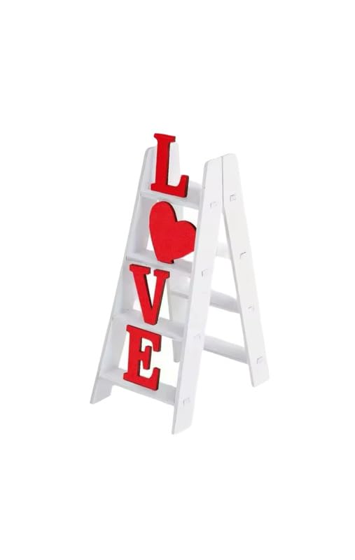 LOVE Ladder Shelf Decor, White and Red, Wooden Standing Sign, Heart Symbol, Romantic Home Accent