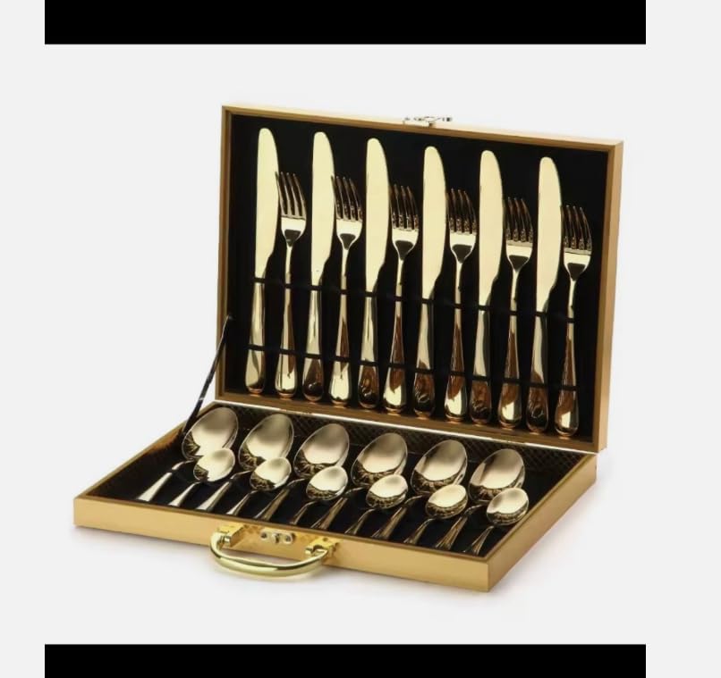 Luxury 24-Piece Gold Plated Cutlery Set, Stainless Steel Flatware Service for 6, Premium Dinnerware with Storage Case