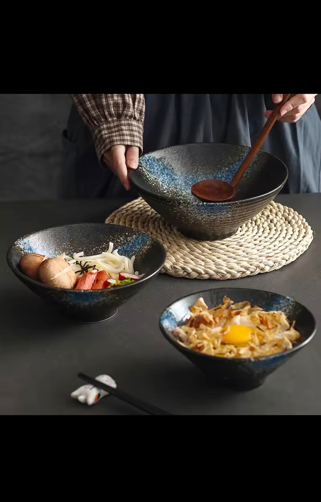 Japanese Style Ceramic Ramen Bowl, Black with Blue and Gold Glaze, Handcrafted Soup Noodle Bowl, Restaurant Quality Dinnerware