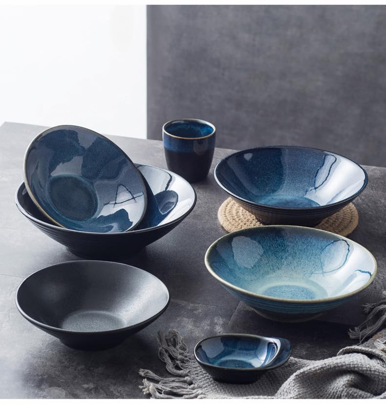 Japanese Korean Kiln-Turned Ceramic Ramen Bowl, Blue Gradient Glaze, Handcrafted Stoneware Noodle Soup Bowl Set