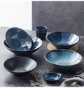 Japanese Korean Kiln-Turned Ceramic Ramen Bowl, Blue Gradient Glaze, Handcrafted Stoneware Noodle Soup Bowl Set