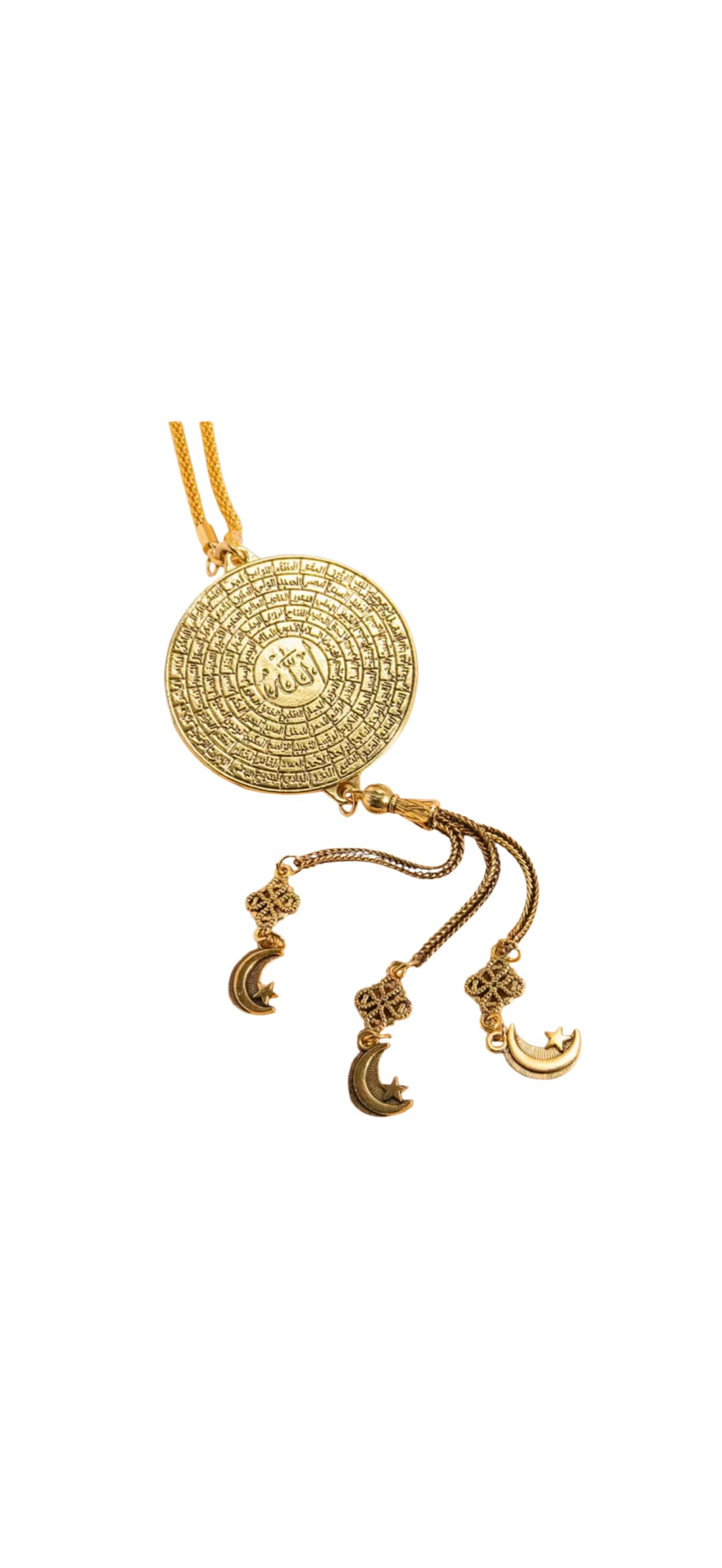 Elegant Islamic Car Hanging Ornament, Gold and Silver Medallion Pendant with Tassel, Prayer Beads Tasbih Misbaha Design, Religious Vehicle Decoration