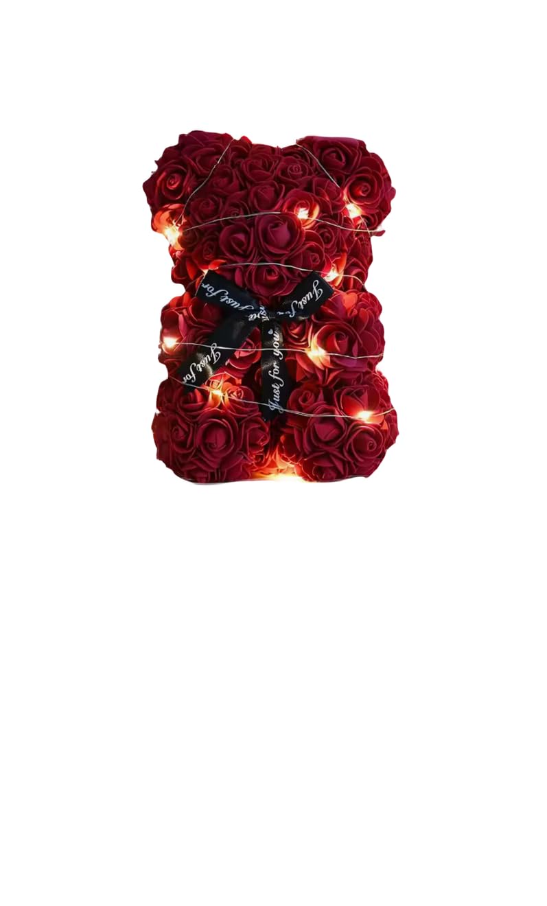 38cm Artificial Rose Bear with LED Lights, Red, 25cm, Romantic Valentine's Day Gift with Box for Anniversary Wedding Party