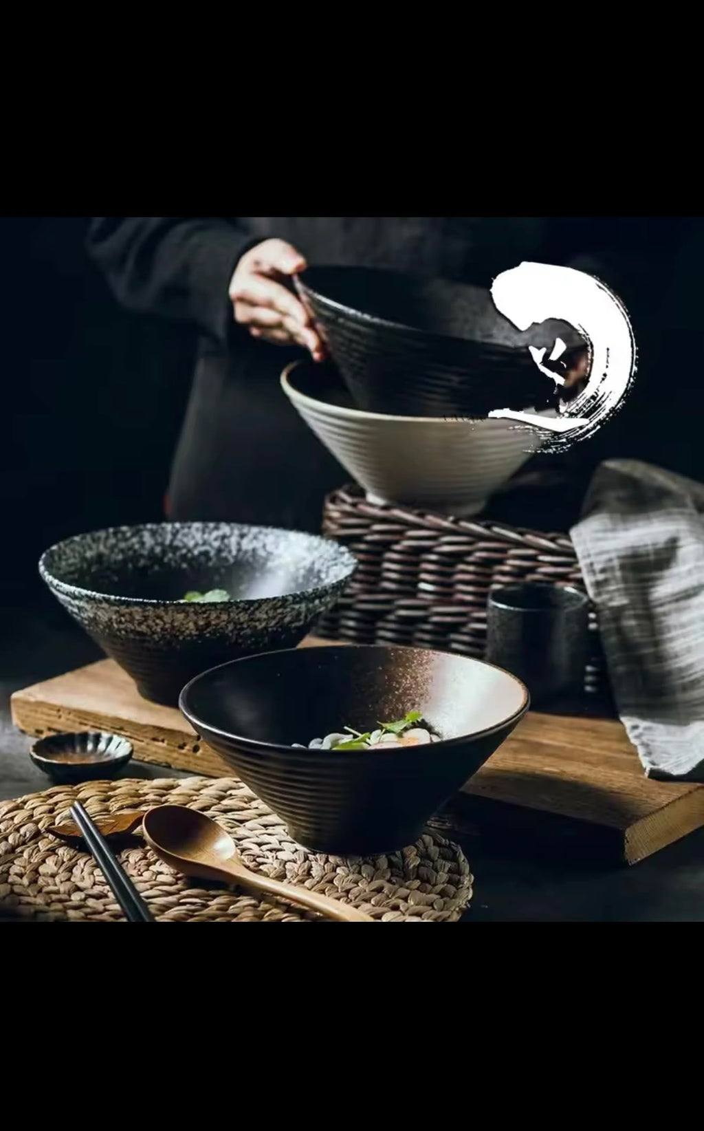 Japanese Style Ceramic Ramen Bowl, Black Bamboo Hat Shape, Large Noodle Soup Rice Bowl, Commercial Tableware