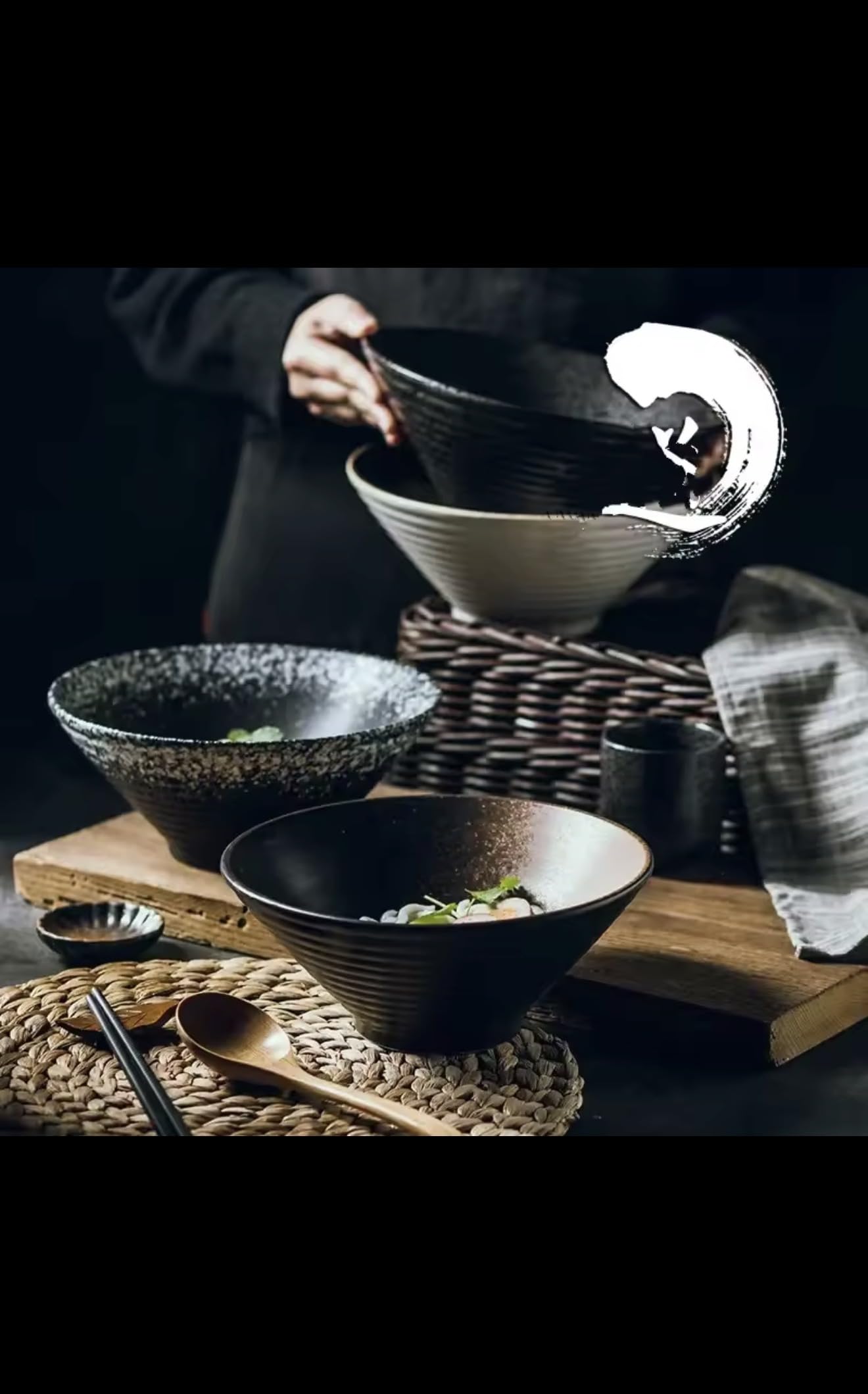 Japanese Style Ceramic Ramen Bowl, Black Bamboo Hat Shape, Large Noodle Soup Rice Bowl, Commercial Tableware