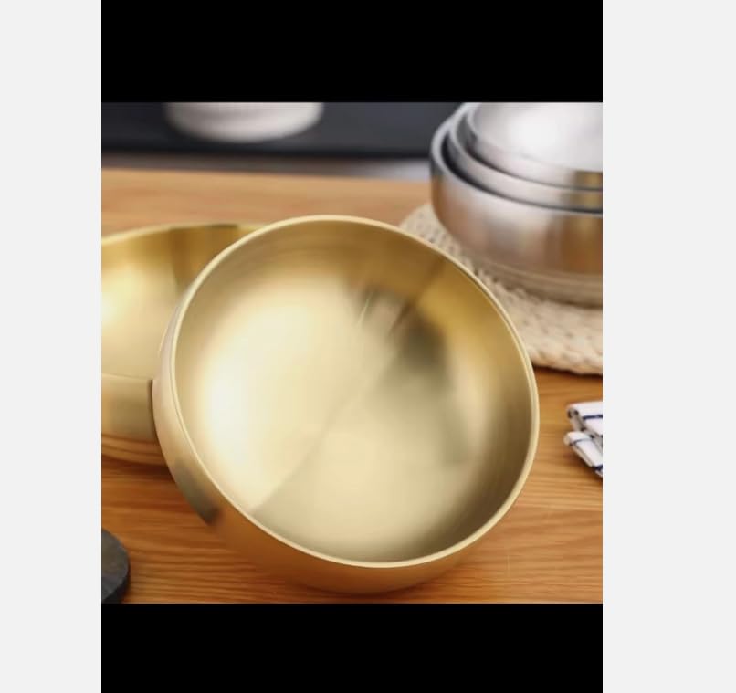 Korean Style Stainless Steel Double Layer Cold Noodle Bowl, Gold Finish, Round Serving Bowl for Traditional Asian Cuisine