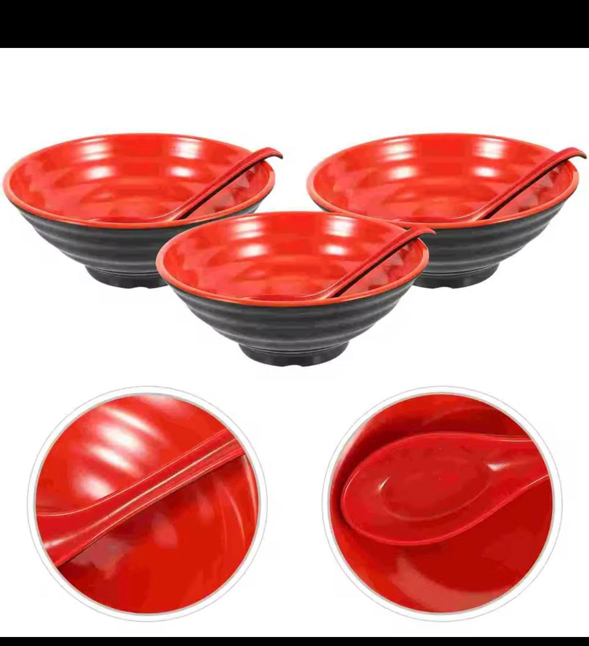 Japanese Style Ceramic Ramen Bowl Set, Large Black and Red Noodle Bowls with Matching Spoons, 2 Piece Serving Set